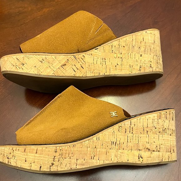 Sam Edelman Caramel suede leather "Ranger" Slip on Cork Wedge Sandals Size 9.5M - Picture 4 of 5